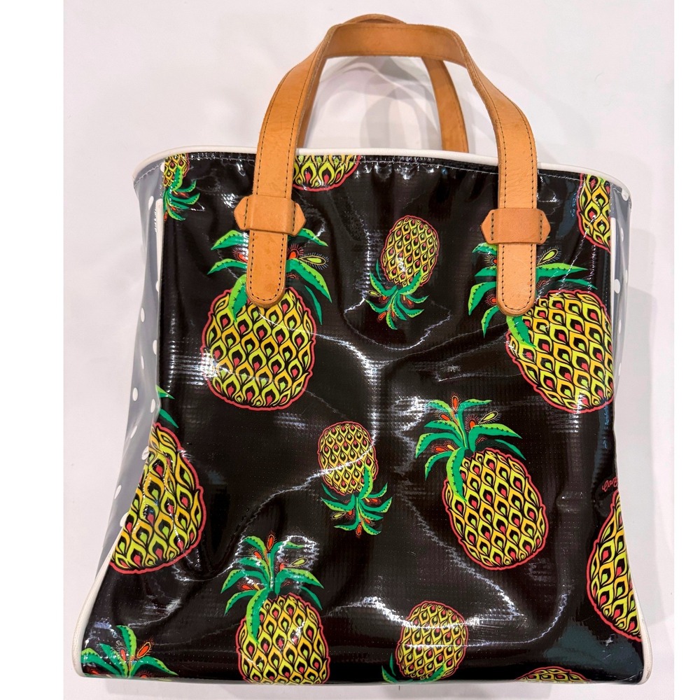 Consuela Pineapple Tote Bag Women Large Black Yellow Polka Dot Glossy Canvas